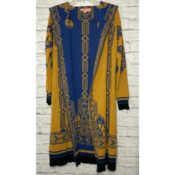 PeachPuff USA boho blue and yellow long open front duster cardigan size M - Picture 1 of 9